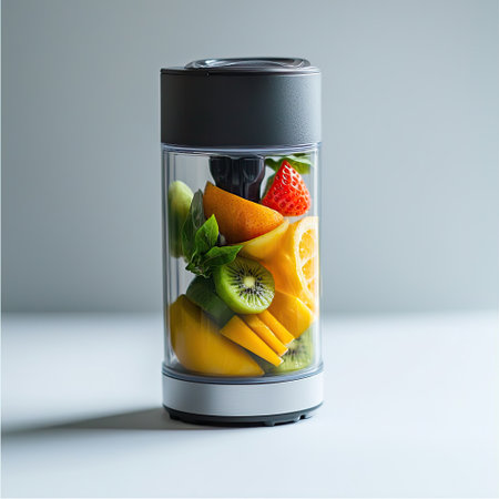 Close-up of a portable blender with fresh fruit, ready to make smoothies, isolated on a white backgroundの素材