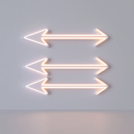 A set of D arrows pointing in different directions, isolated on a white surface with a glowing outlineの素材