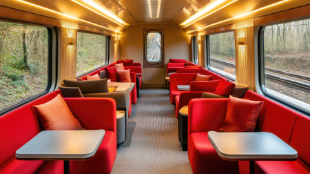 A train interior with comfortable seating and large panoramic windows.の素材