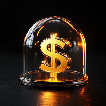 A golden dollar sign inside a glass dome, symbolizing financial protection and wealth security.の素材