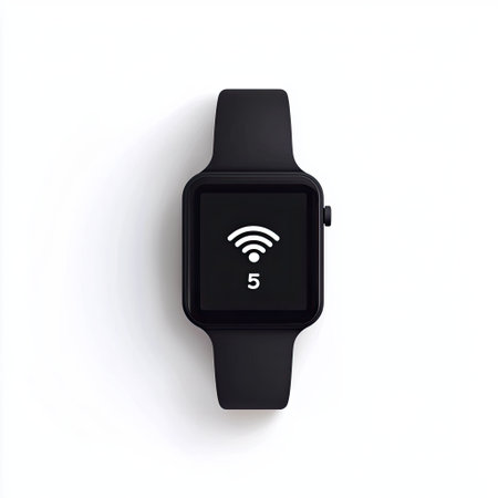 A high-tech smartwatch with a G signal icon, isolated on white background, representing wearable high-speed internet.の素材