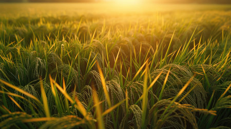 A vast field of vibrant green rice plants swaying gently in the breeze under a golden sunsetの素材