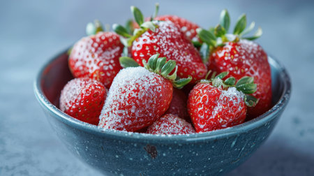 A bowl of ripe strawberries topped with a sprinkle of fine white sugarの素材