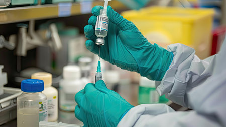 Gloved hands filling a syringe with medication in a clinical settingの素材