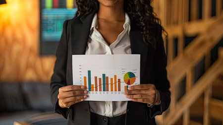 Businesswoman holding a report with a bar chart highlighting impressive sales figuresの素材