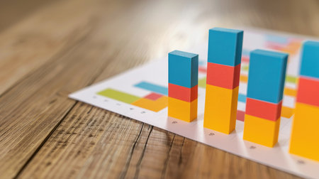 Bar chart with clean lines and bold colors illustrating sales growth on a digital deviceの素材