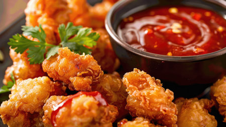 Close-up of succulent golden fried chicken pieces with vibrant chili sauce for dippingの素材
