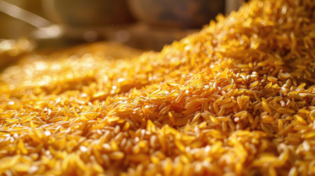 Close-up of golden rice husks piled high in a storage binの素材