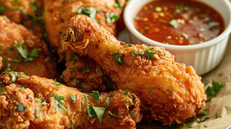 Close-up of succulent golden fried chicken pieces with a side of tangy chili dipの素材
