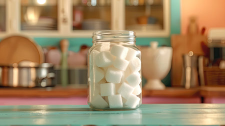 Glass jar filled with white sugar cubes against a colorful kitchen backdropの素材