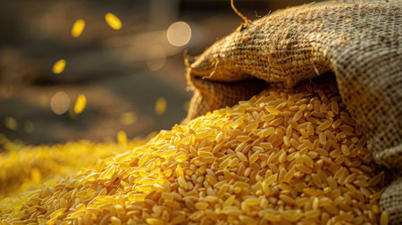 Close-up of golden-yellow rice husks pouring from a sackの素材