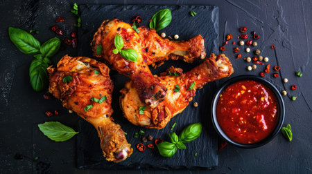 Crispy fried chicken legs arranged elegantly with a pot of spicy chili sauceの素材