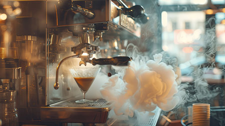 Espresso machine brewing coffee with steam and rich aroma in a cozy cafeの素材