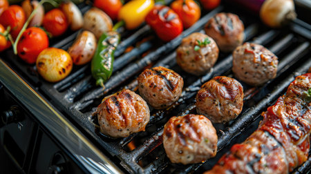 Close-up of pork slices, meatballs, and vegetables grilling on an electric barbecueの素材