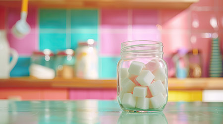 Glass jar filled with white sugar cubes against a colorful kitchen backdropの素材