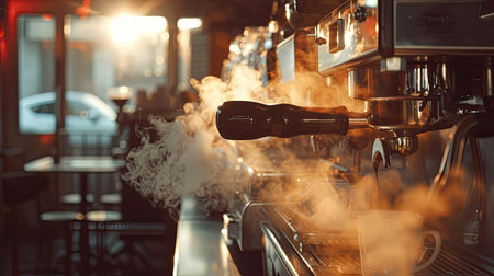 Espresso machine brewing coffee with steam and rich aroma in a cozy cafeの素材