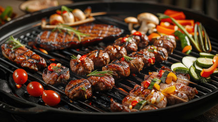Grilled meat set with pork, meatballs, and vegetables on a traditional Korean BBQ grillの素材
