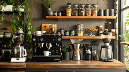Home coffee station with a coffee maker, grinder, and various coffee beansの素材