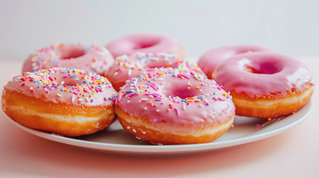 Plate of mouthwatering donuts served beautifully on a pristine white backgroundの素材