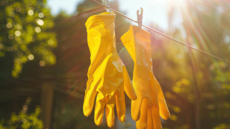Pair of yellow rubber gloves hanging on a line, drying in the sunlightの素材
