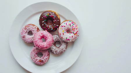Top view of gourmet donuts arranged attractively on a pristine white dishの素材