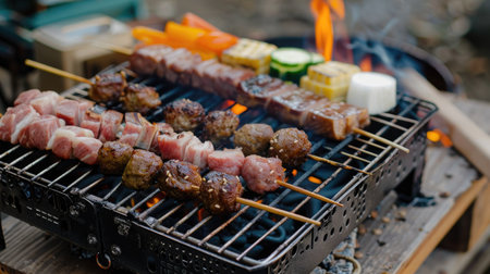 Traditional Japanese BBQ setup with pork, meatballs, and vegetables on a portable grillの素材