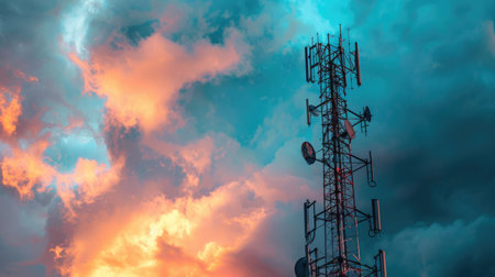 Tall cell tower with antennas and satellite dishes against a cloudy skyの素材