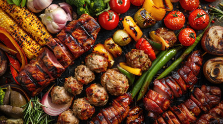 Top view of a colorful grilled meat set with pork, meatballs, and a variety of vegetablesの素材