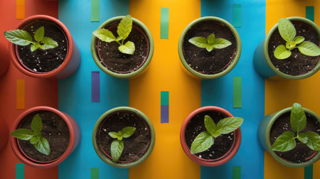 Seedling pots overlapped with eye-catching bar charts denoting growthの素材