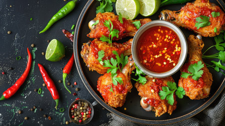 Tempting fried chicken thighs served with a delectable chili dipping sauceの素材