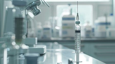 Syringe filled with clear liquid and a soft-focus background of medical equipmentの素材