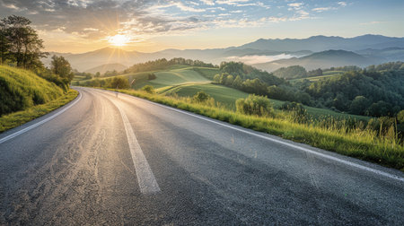 Smooth asphalt road with rolling hills and a sunrise in the backgroundの素材