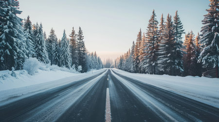 Smooth road through a snowy landscape with evergreen trees and a clear skyの素材