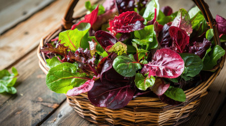 Fresh red salad greens beautifully arranged in a wicker basket on a wooden tableの素材
