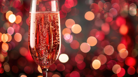 Clear glass of champagne with bubbles and a festive backgroundの素材
