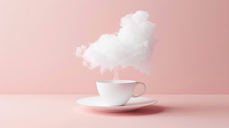 Floating coffee cup with steam turning into cloud-like patterns, minimalist styleの素材