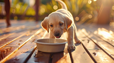 Puppy eating happily from a plastic bowl on a wooden floorの素材