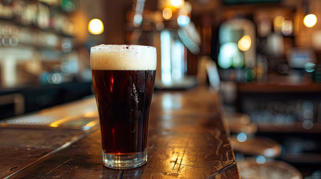 Clear glass of dark beer with a foamy head on a bar counterの素材