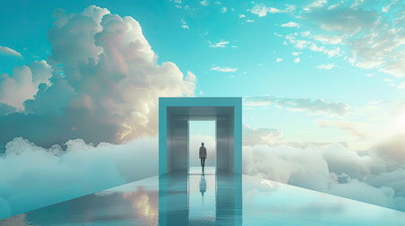 Ethereal scene of a person exiting a minimalist home onto a cloudの素材