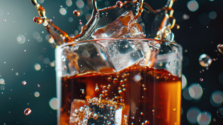 Close-up of an ice cube falling into a glass of cola with splashesの素材