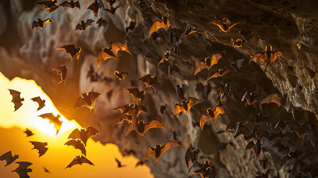 Bats in flight forming patterns as they leave a cave at twilightの素材