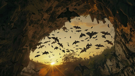 Evening sky filled with bats emerging from a cave in a coordinated flightの素材