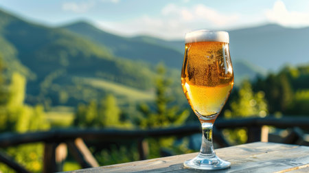 Clear glass of craft beer with a scenic outdoor backgroundの素材