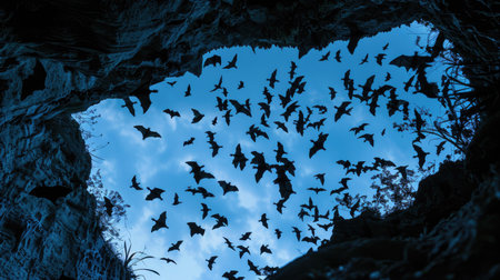 Massive group of bats exiting a cave at twilight, silhouetted against the skyの素材