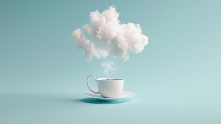 Floating coffee cup with steam turning into cloud-like patterns, minimalist styleの素材