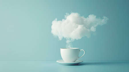 Surreal minimalist image of a coffee cup with steam becoming cloud formationsの素材
