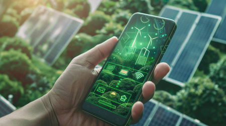 Smartphone screen displaying advanced renewable energy technologies and sustainable development solutionsの素材
