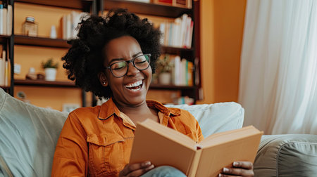 A candid shot of a woman laughing while reading a funny book on a comfortable sofa in a well-lit living room.の素材