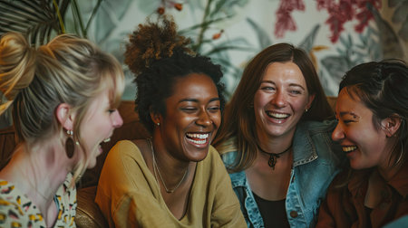 A group of friends on a sofa, with one woman laughing heartily at a shared joke, capturing the essence of friendship and fun.の素材