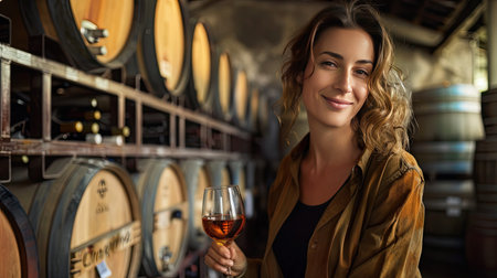 A woman in a rustic winery, holding a glass of port, with barrels and wine racks in the background.の素材